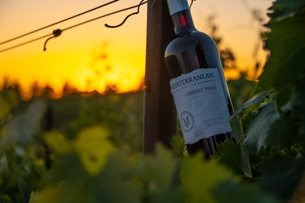 Cabernet Franc Bottle in vines at Mediterranean Estate